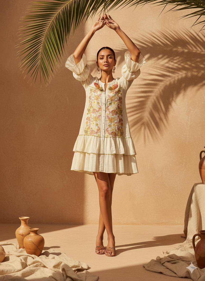 Nakışlı İthal Hint Pamuk Gömlek Elbise