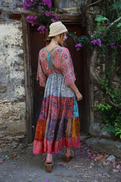 Ön Arka V Dekolteli Patchwork İpek Bohem Elbise - Yarasa Kollu | bohozon