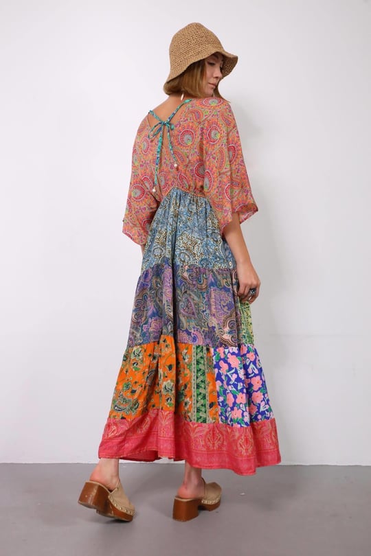 Ön Arka V Dekolteli Patchwork İpek Bohem Elbise - Yarasa Kollu | bohozon