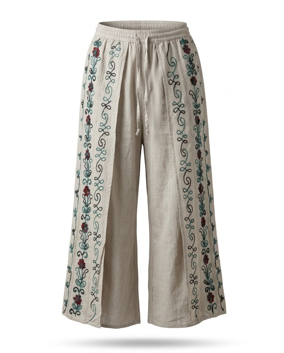 İthal Nakışlı Rayon Yırtmaçlı Pantolon