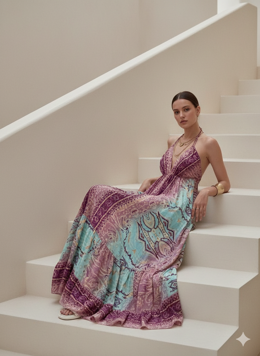 İthal Hint İpeği Askılı Bohem Elbise -bohozon