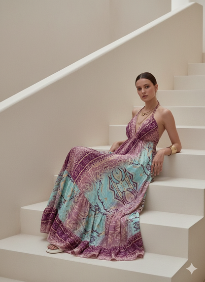 İthal Hint İpeği Askılı Bohem Elbise -bohozon