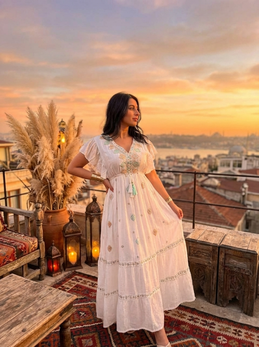 El Nakışlı İthal Pamuk Bohem Elbise |bohozon