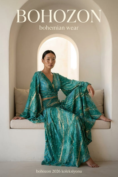 Otantik Yeşil İpek İkili Set - Kelebek Kol Bolero & Palazzo Pantolon