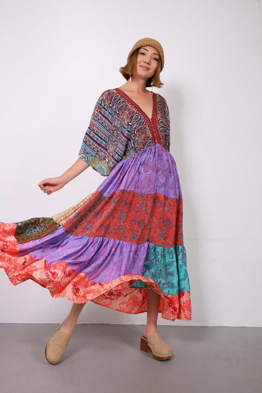 Ön Arka V Dekolteli Patchwork İpek Bohem Elbise - Yarasa Kollu | bohozon