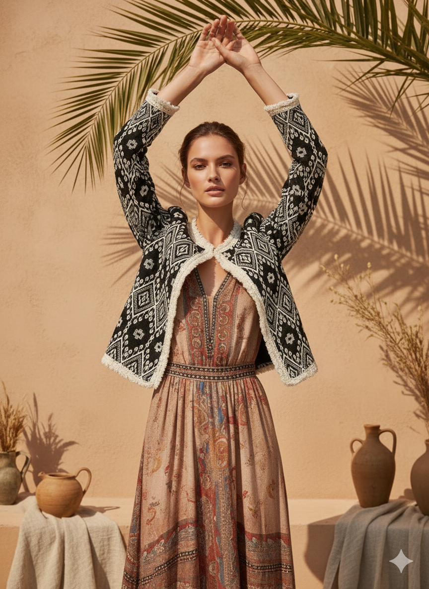 İthal Etnik Desenli Pamuk Ceket