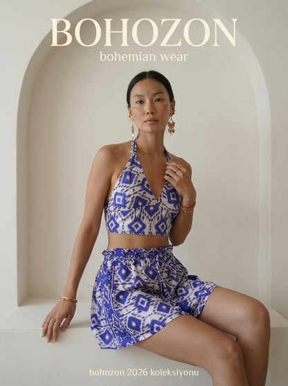 Gold Yaldızlı İpek İkili Set - Boyundan Bağlamalı Büstiyer & Mini Şort