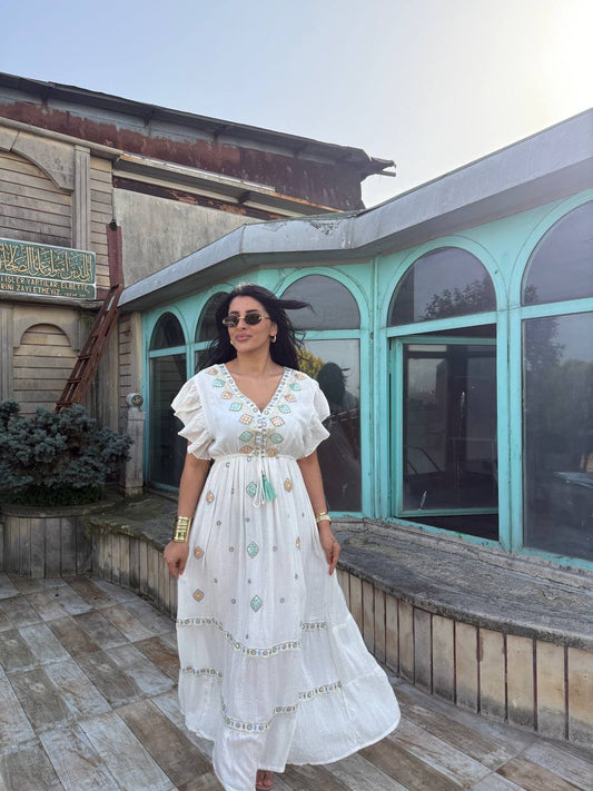 El Nakışlı İthal Pamuk Bohem Elbise |bohozon