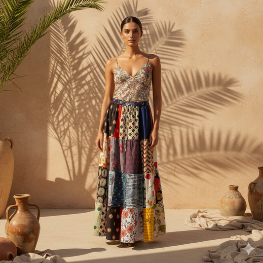 İthal Hint Pamuk Patchwork Etek - Bohem Etnik Tasarım