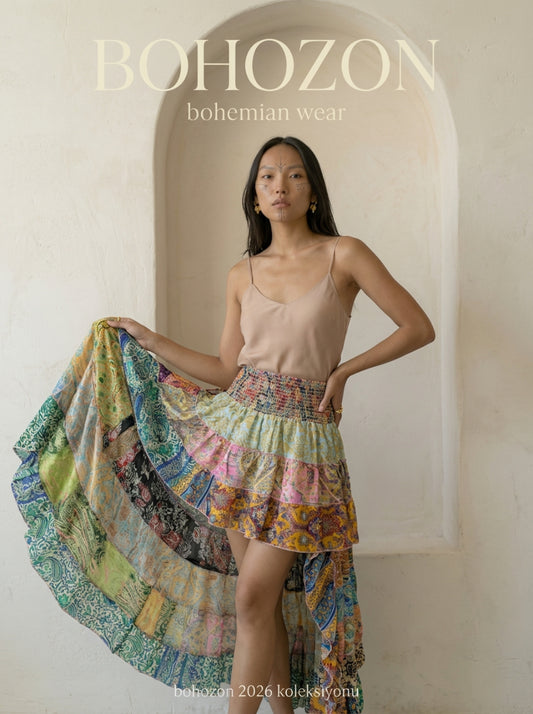Gold Yaldızlı Asimetrik İpek Patchwork Etek – Önü Kısa Arkası Uzun Bohem Etek | bohozon 