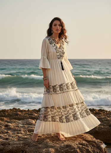 Hint İşi Nakışlı Bohem Pamuk Elbise