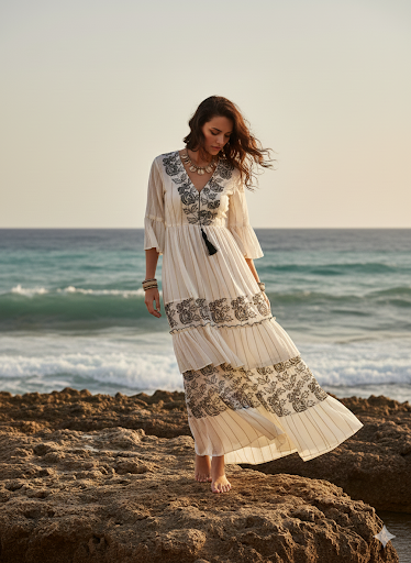 Hint İşi Nakışlı Bohem Pamuk Elbise