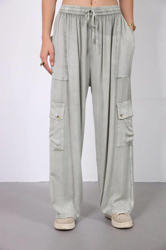 İthal %100 Pamuk Kargo Cepli Bohem Pantolon - Beli Lastikli | bohozon