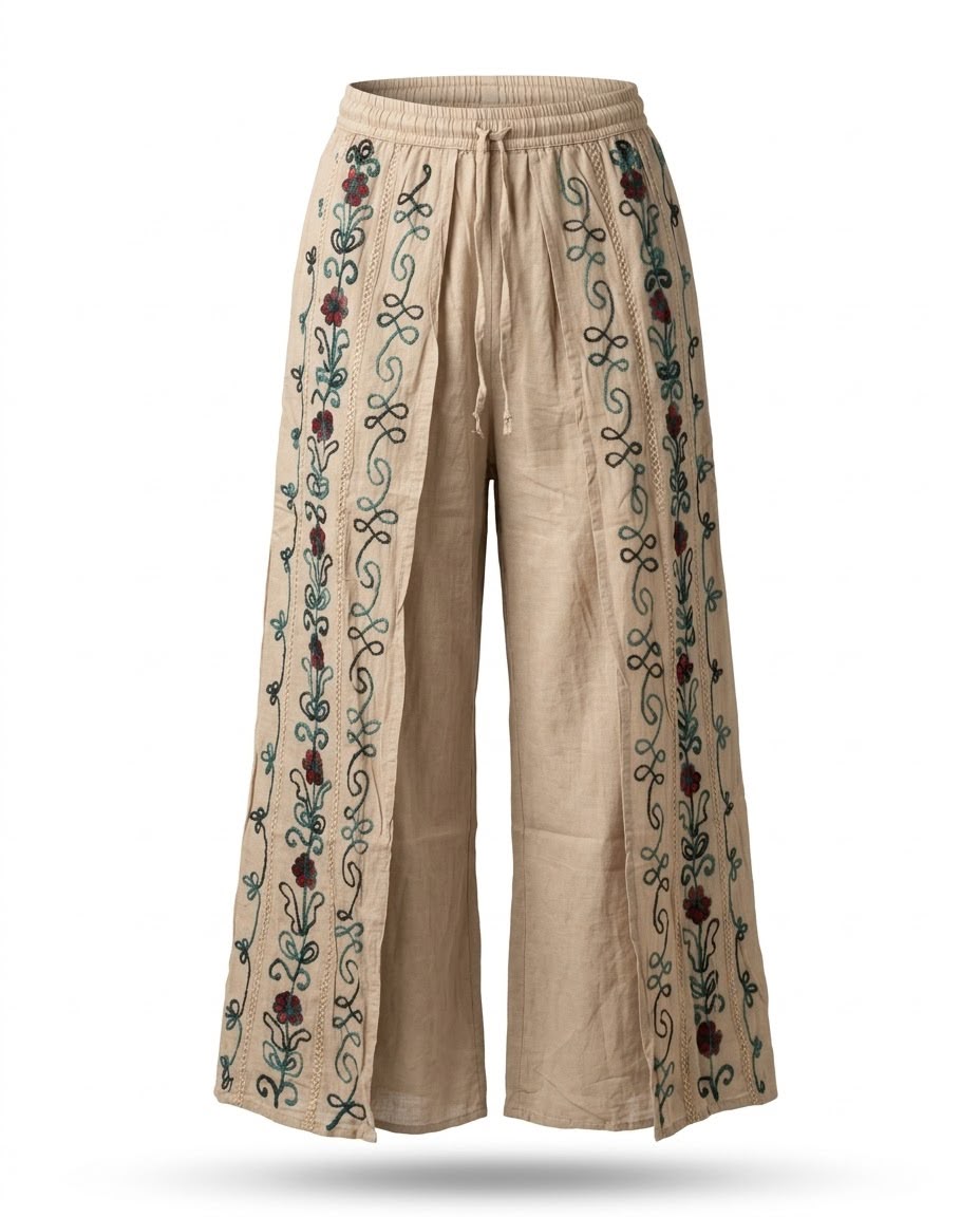 İthal Nakışlı Rayon Yırtmaçlı Pantolon