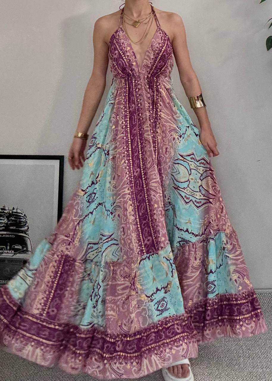 Gold Varaklı Askılı İpek Bohem Elbise | bohozon