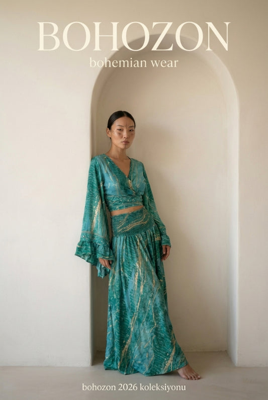 Otantik Yeşil İpek İkili Set - Kelebek Kol Bolero & Palazzo Pantolon