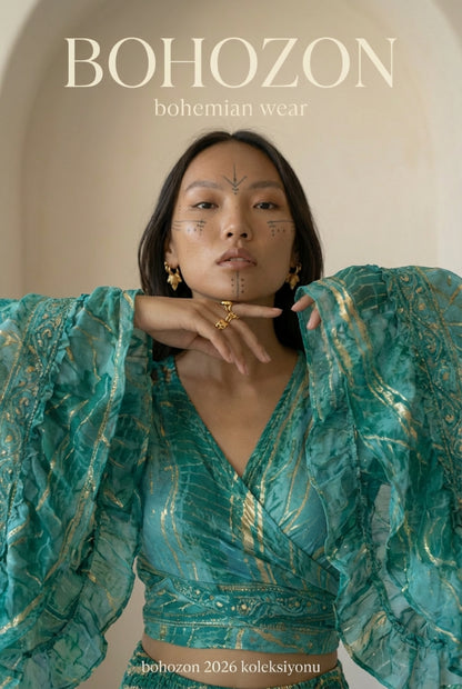 Otantik Yeşil İpek İkili Set - Kelebek Kol Bolero & Palazzo Pantolon