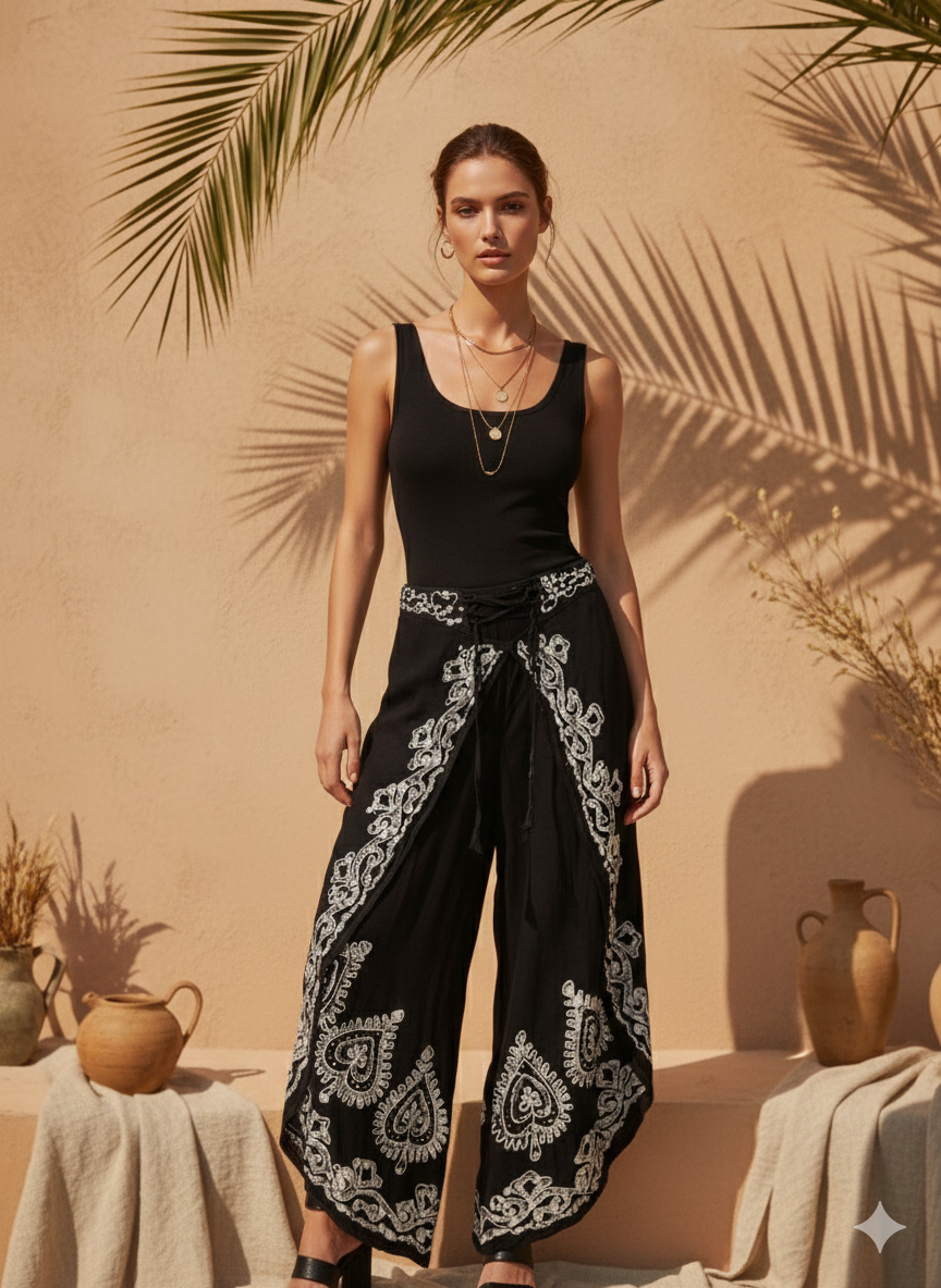 Etnik Desenli Kapaklı Pamuk Şalvar