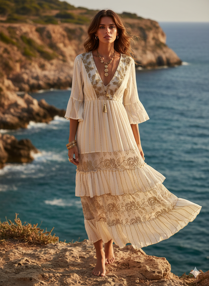 Hint İşi Nakışlı Bohem Pamuk Elbise