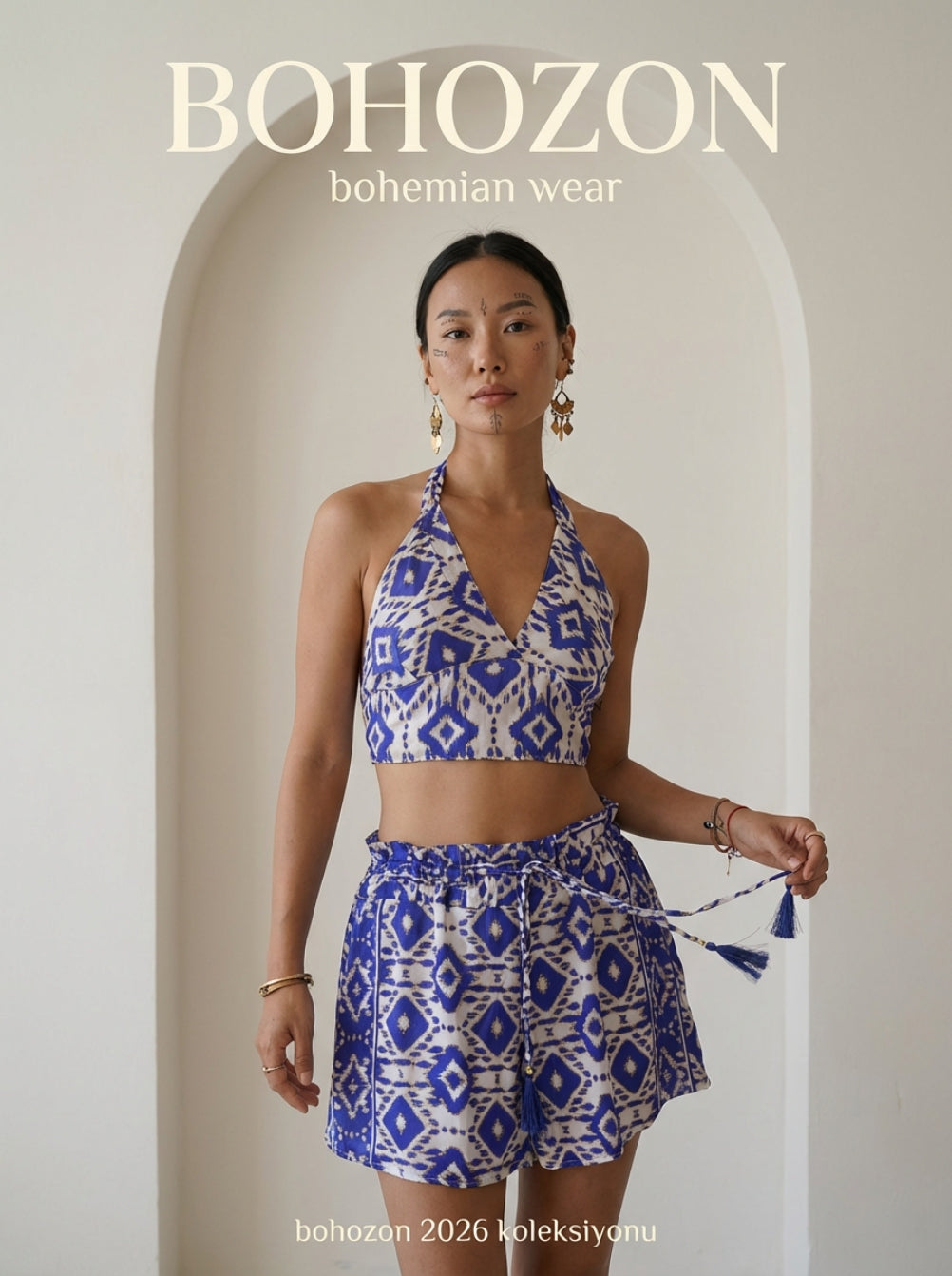 Gold Yaldızlı İpek İkili Set - Boyundan Bağlamalı Büstiyer & Mini Şort