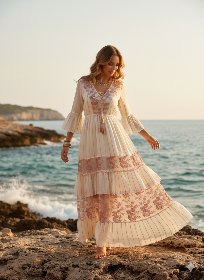 Hint İşi Nakışlı Bohem Pamuk Elbise