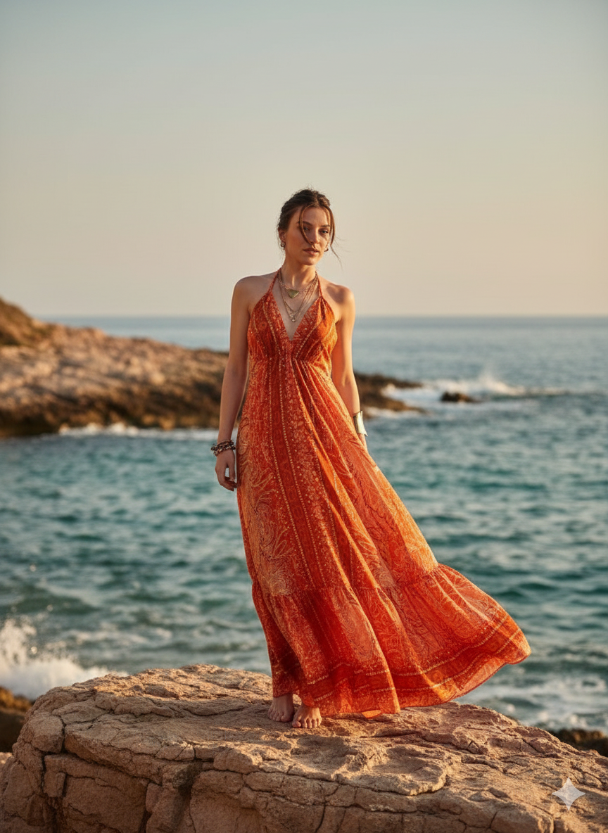 İthal Hint İpeği Askılı Bohem Elbise -bohozon