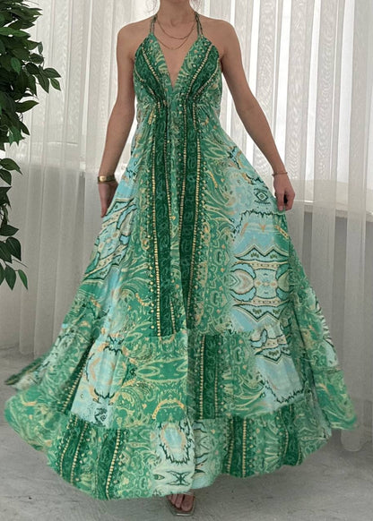 Gold Varaklı Askılı İpek Bohem Elbise | bohozon