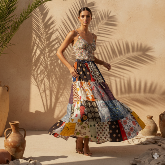 İthal Hint Pamuk Patchwork Etek - Bohem Etnik Tasarım