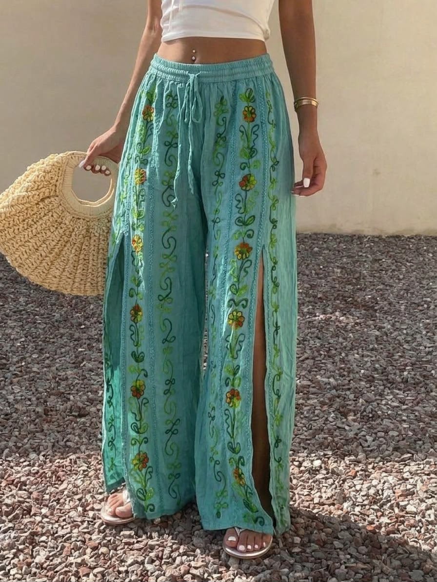 İthal Nakışlı Rayon Yırtmaçlı Pantolon