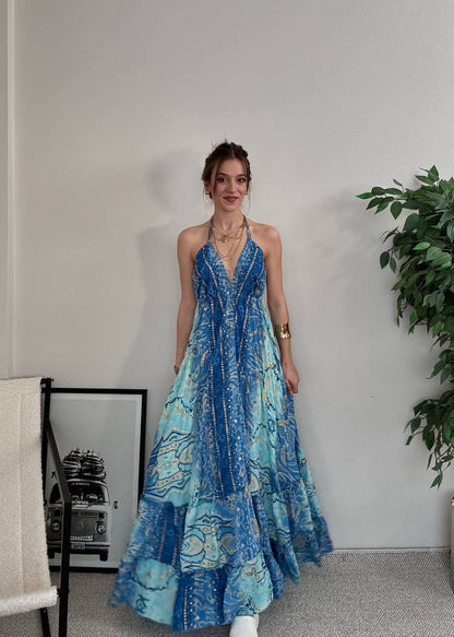 Gold Varaklı Askılı İpek Bohem Elbise | bohozon